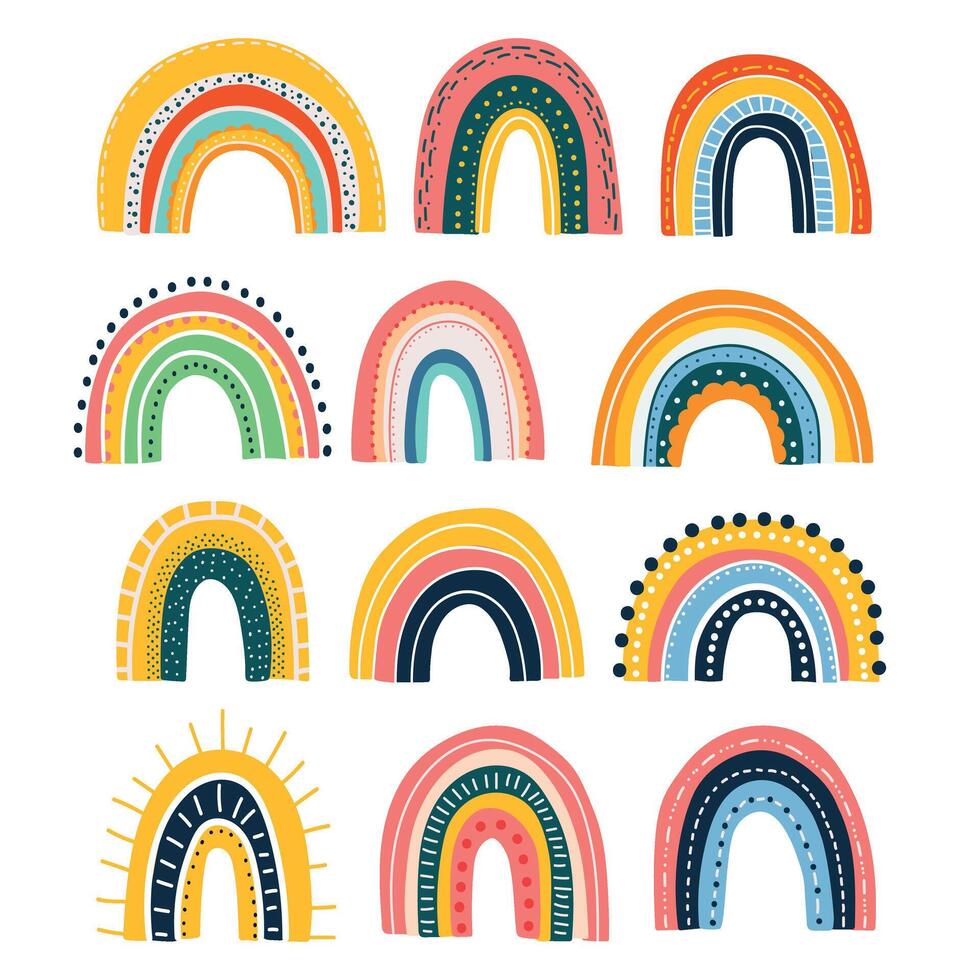 fofa arco Iris cliparts. crianças ilustrações. vetor