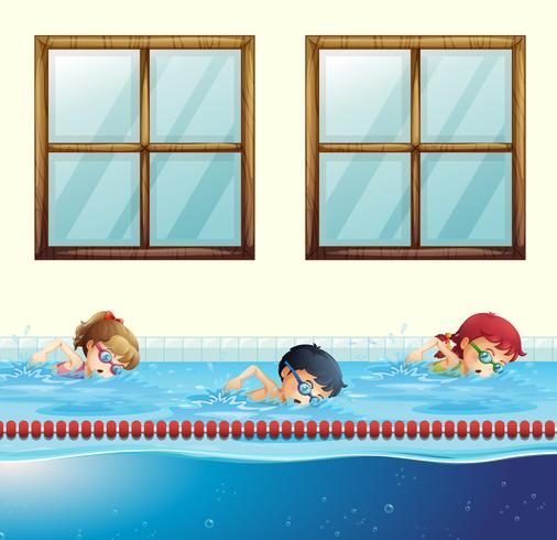 Três crianças, natação, em, a, piscina vetor