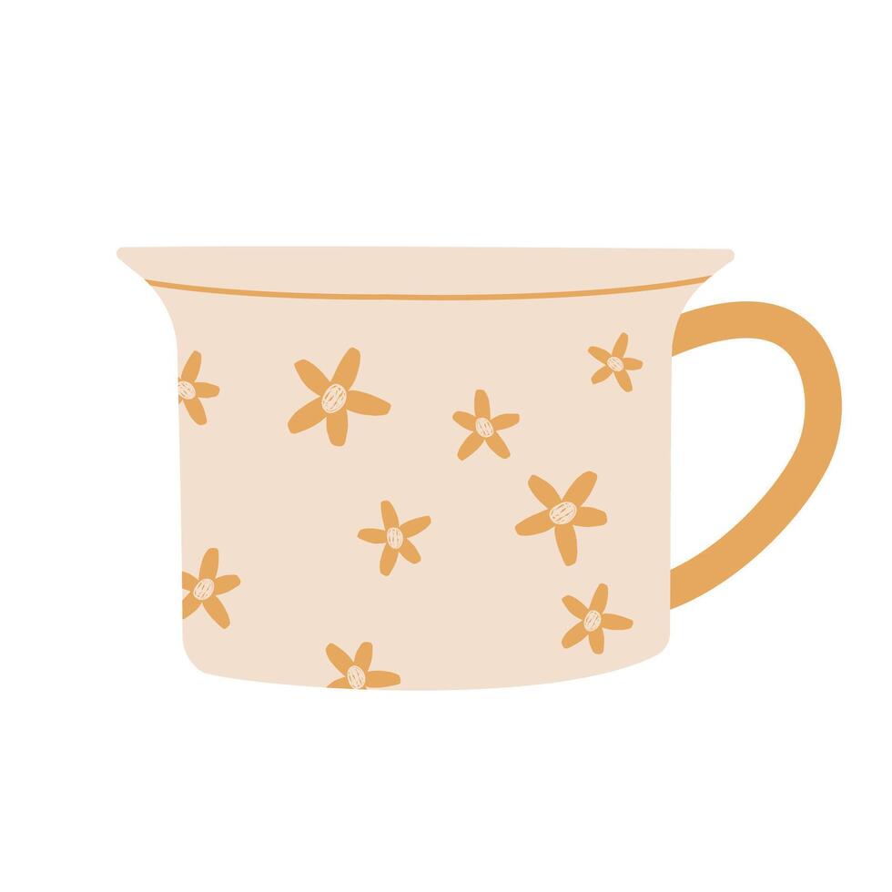 simples moderno copo decorado com pequeno flores plano ilustração. bege colori caneca o preenchimento de bebidas isolado. ilustração dentro plano estilo. fofa na moda louça com lidar com para bebida. vetor