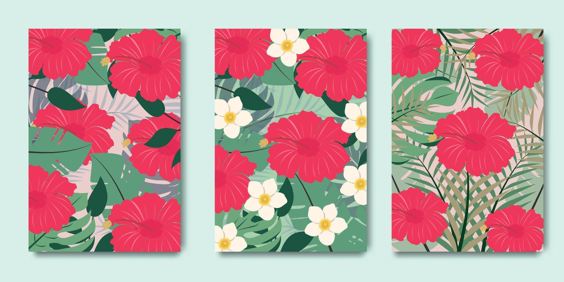 verão tropical fundo modelo conjunto com tropical flores e folhas. moderno arte minimalista estilo Projeto modelos para celebração, Publicidades, marca, bandeira, cobrir, rótulo, poster, vendas vetor