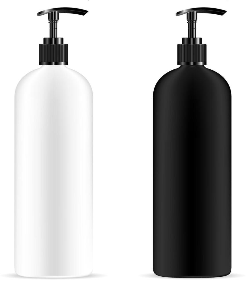 distribuidor bomba Cosmético garrafas brincar conjunto dentro Preto e branco cores. plástico jarra com bomba cabeça tampa para creme, loção, gel, hidratante, líquido Sabonete ou água. 3d embalagem recipiente. vetor