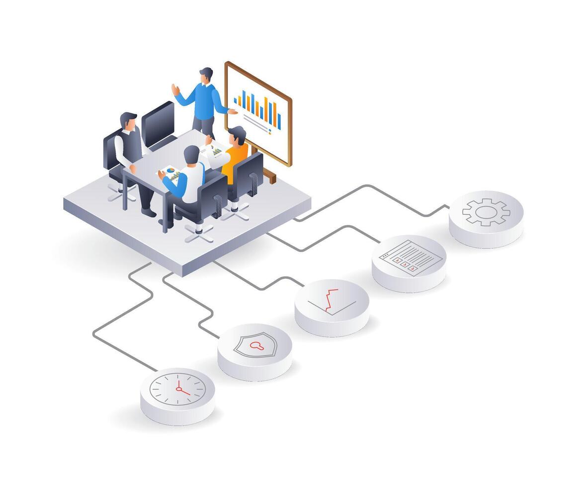 o negócio companhia desenvolvimento encontro equipe, plano isométrico 3d ilustração infográfico vetor