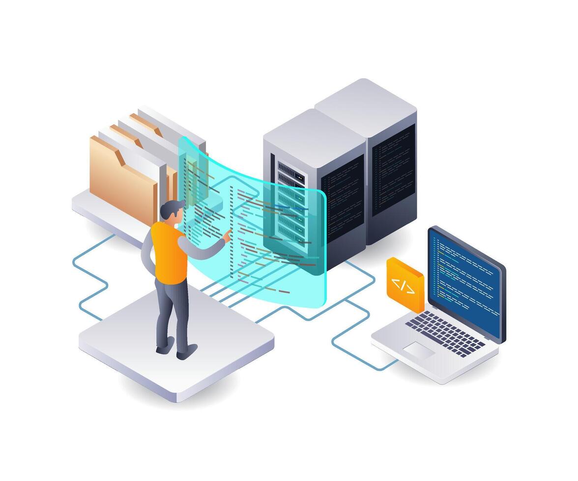 desenvolvedor nuvem dados servidor hospedagem tecnologia infográfico ilustração 3d plano isométrico vetor