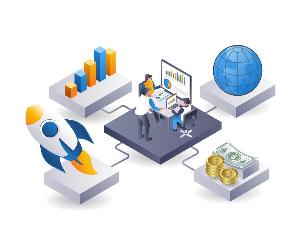 equipe em desenvolvimento tecnologia comece negócios, infográfico plano isométrico 3d ilustração vetor