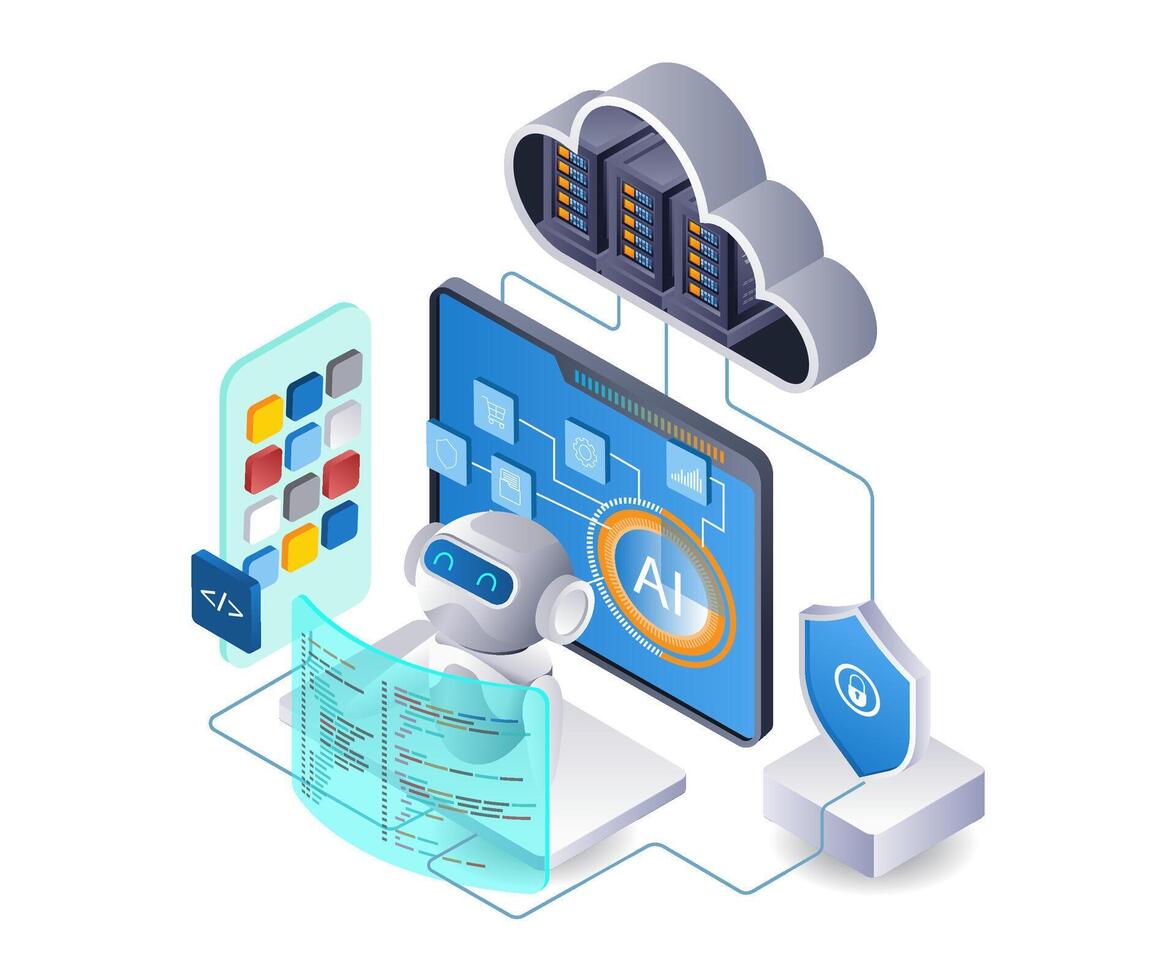 ai robô desenvolve Smartphone aplicativo tecnologia infográfico plano isométrico 3d ilustração vetor