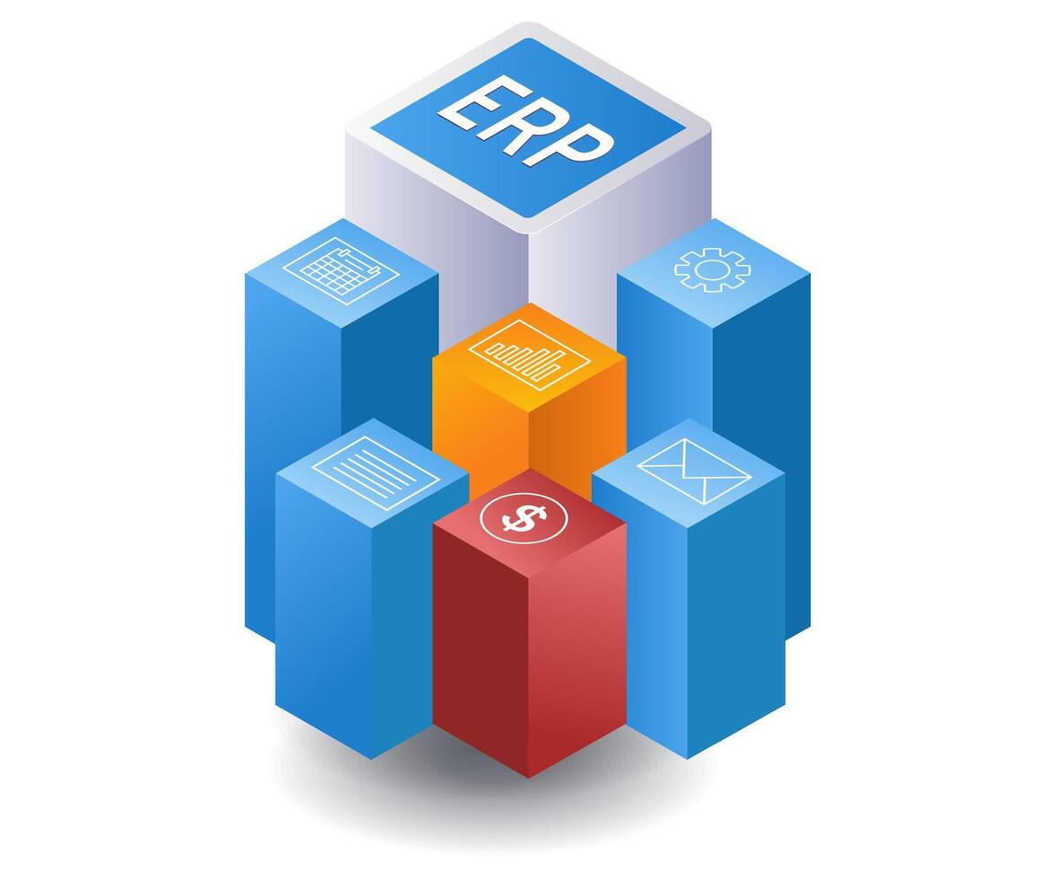 erp o negócio gestão sistema infográfico plano isométrico 3d ilustração vetor