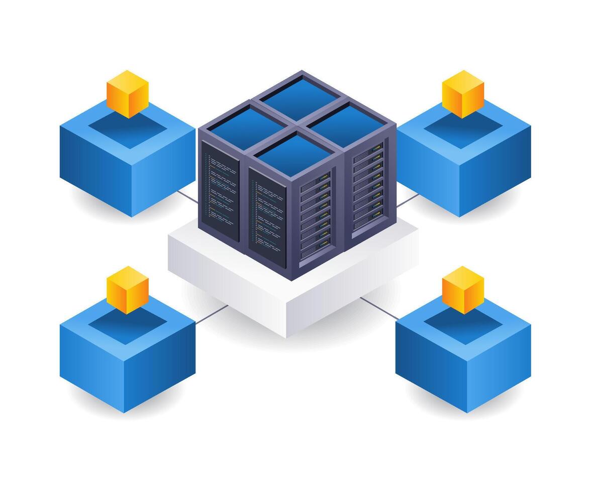 blockchain rede nuvem servidor tecnologia isométrico plano ilustração vetor