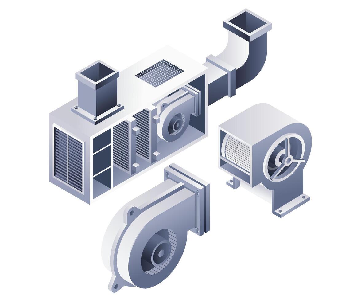 parte hvac ventilador sistema infográfico 3d ilustração plano isométrico vetor