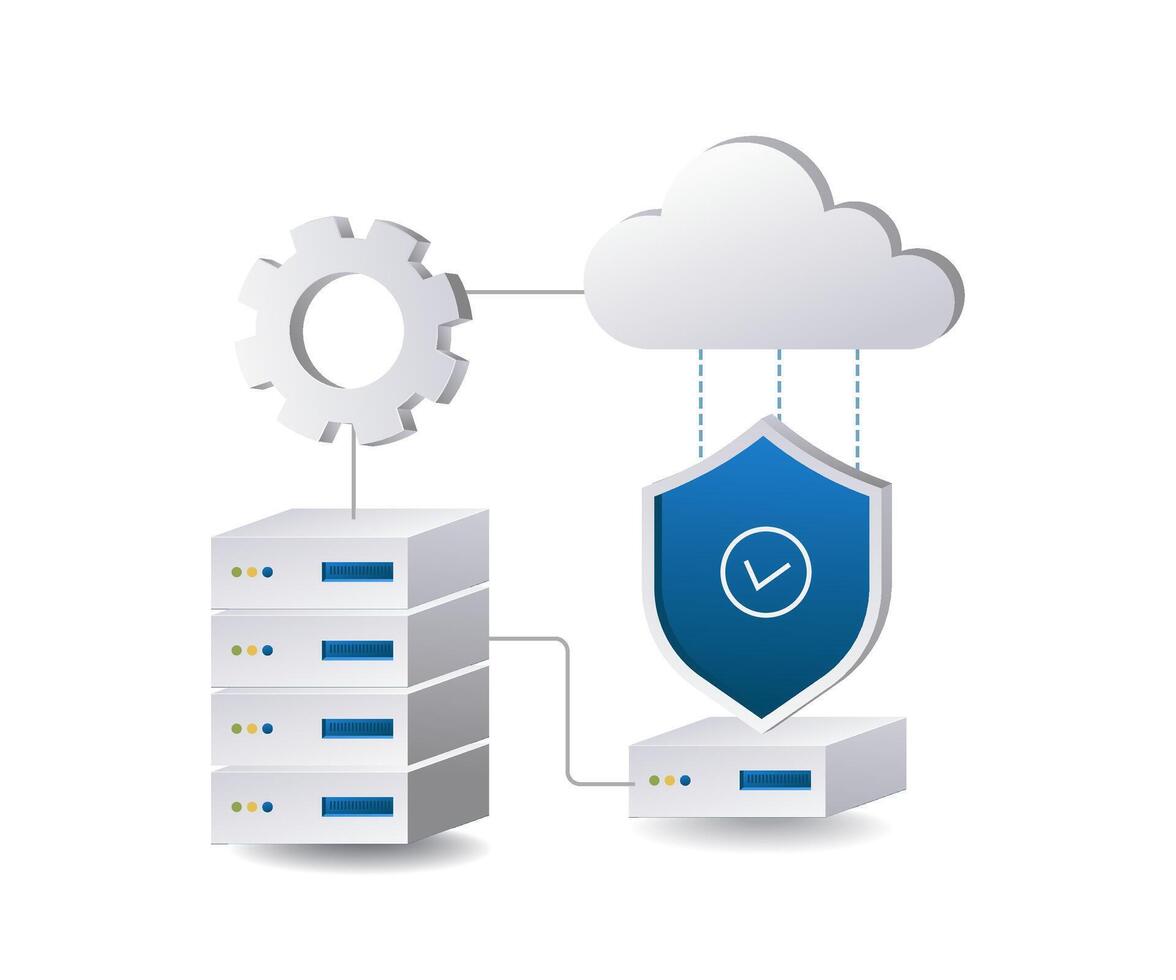segurança manutenção do dados armazenado em nuvem servidores infográfico 3d plano isométrico ilustração vetor