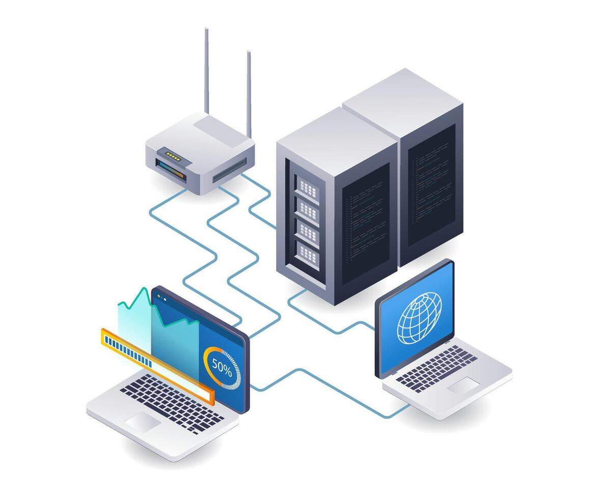 Wi-fi rede servidor tecnologia analista infográfico 3d ilustração plano isométrico vetor