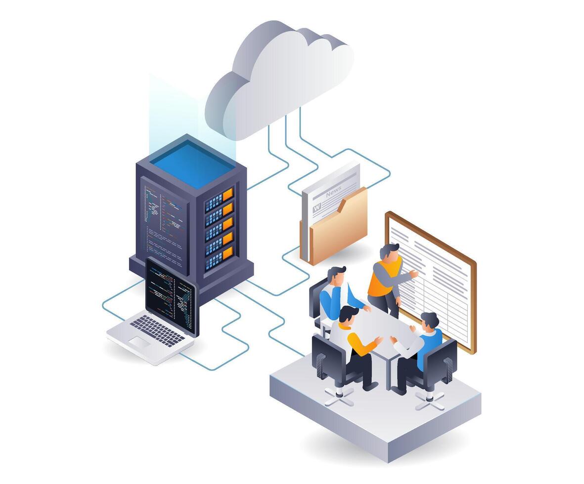 dados servidor rede inscrição sistema desenvolvimento equipe, plano isométrico 3d ilustração infográfico vetor
