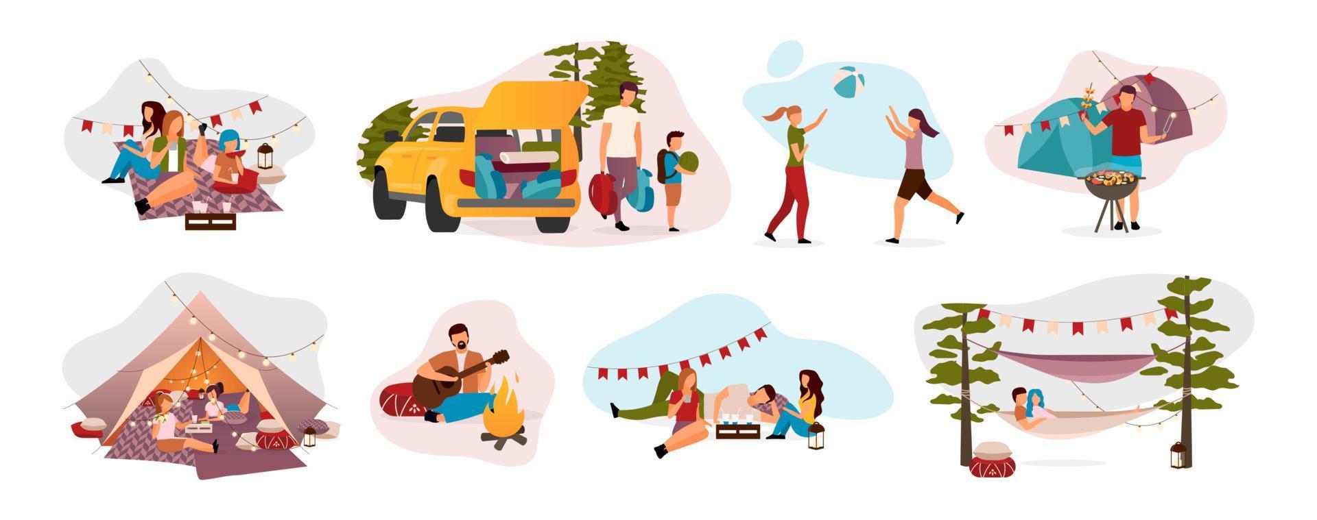 conjunto de ilustrações vetoriais plana de visitantes do acampamento de verão. turistas isolaram personagens de desenhos animados. viajantes, caminhantes descansando em barracas, rede com fogueira. verão relaxar, recreação, viagem ao campo vetor