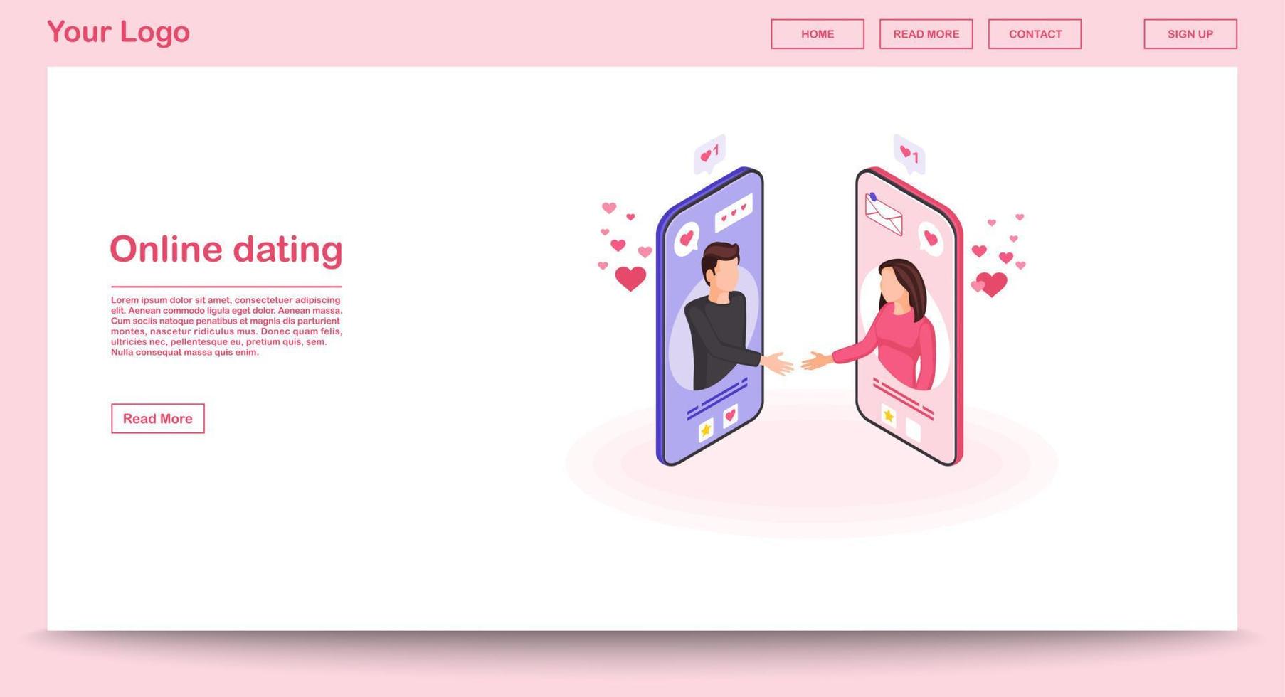 modelo de vetor de página da web de namoro online com ilustração isométrica. aperto de mão virtual. mensagens, gosto de design de interface de site. página da web rosa de combinação, conceito 3D de aplicativo móvel