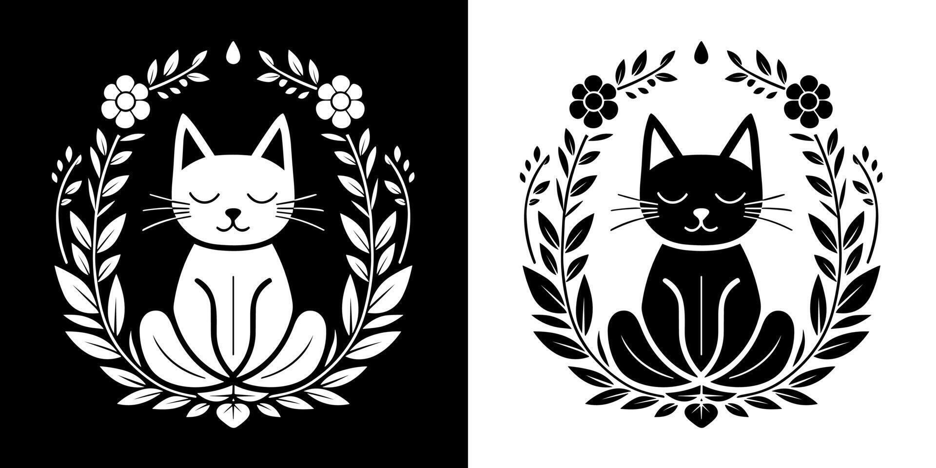 gato meditando lótus posição volta floral quadro, Armação ioga e meditação amante logotipo crachá adesivo conceito Preto e branco minimalista ilustração para atenção auto Cuidado prática cortar Arquivo vetor