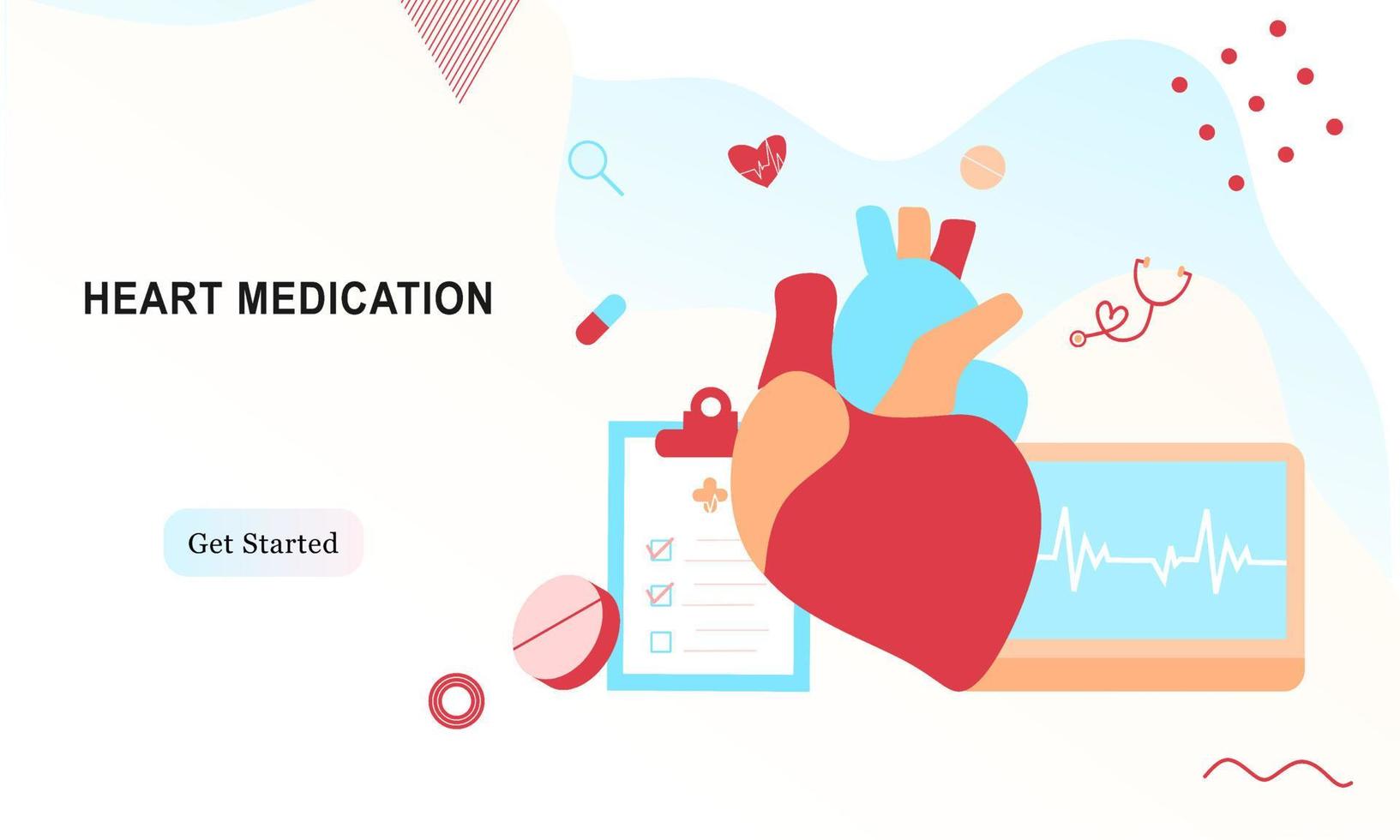 página inicial da moderna medicação para o coração, conceito de pesquisa de doenças cardíacas. estudando modelo de coração, drogas e diagrama de batimentos cardíacos. ilustração vetorial sistema cardiovascular, colesterol, exame médico. vetor