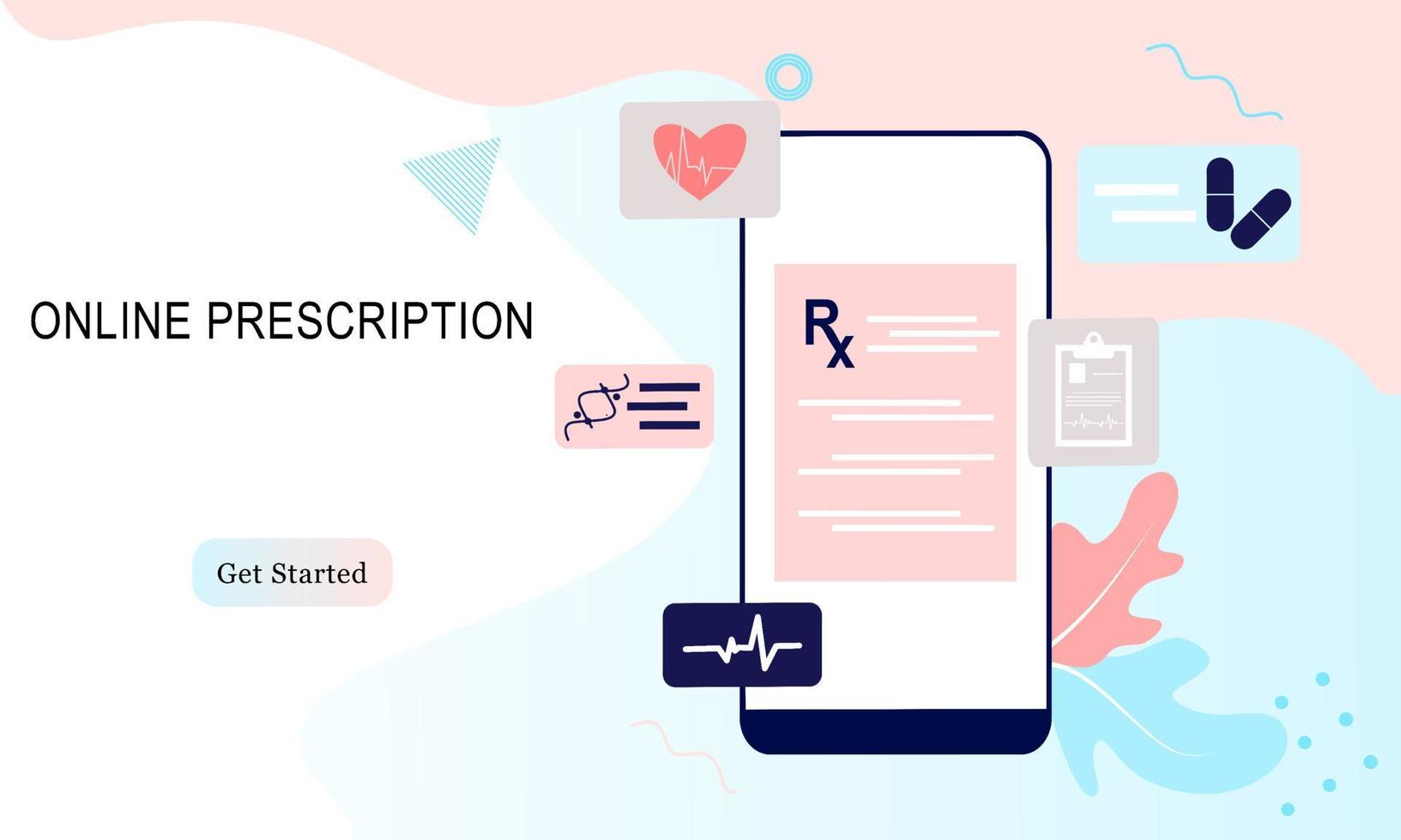 página inicial de documento digital de prescrição médica on-line ou relatório de resultados de teste on-line na tela do computador móvel. conceito de farmácia, drogaria, diagnóstico, hospital. ilustração vetorial plana. vetor