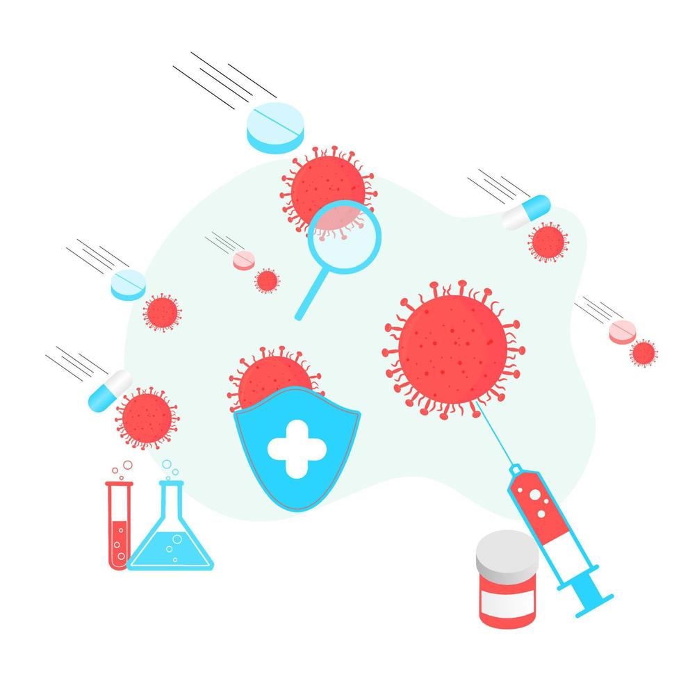 conceito de vacinação. campanha de imunização. vacina contra o vírus covid-19. cuidados de saúde e proteção. medicamento e seringa com um escudo de proteção de frasco de vacina e vírus. ícones de tratamento médico. vetor