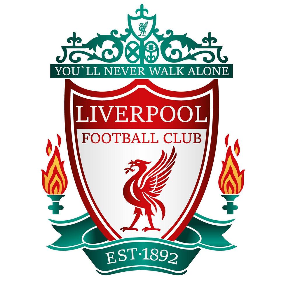 Liverpool fc emblema em icônico vermelho pano de fundo. histórico futebol clube, Inglês premier liga, icônico fígado pássaro. editorial vetor