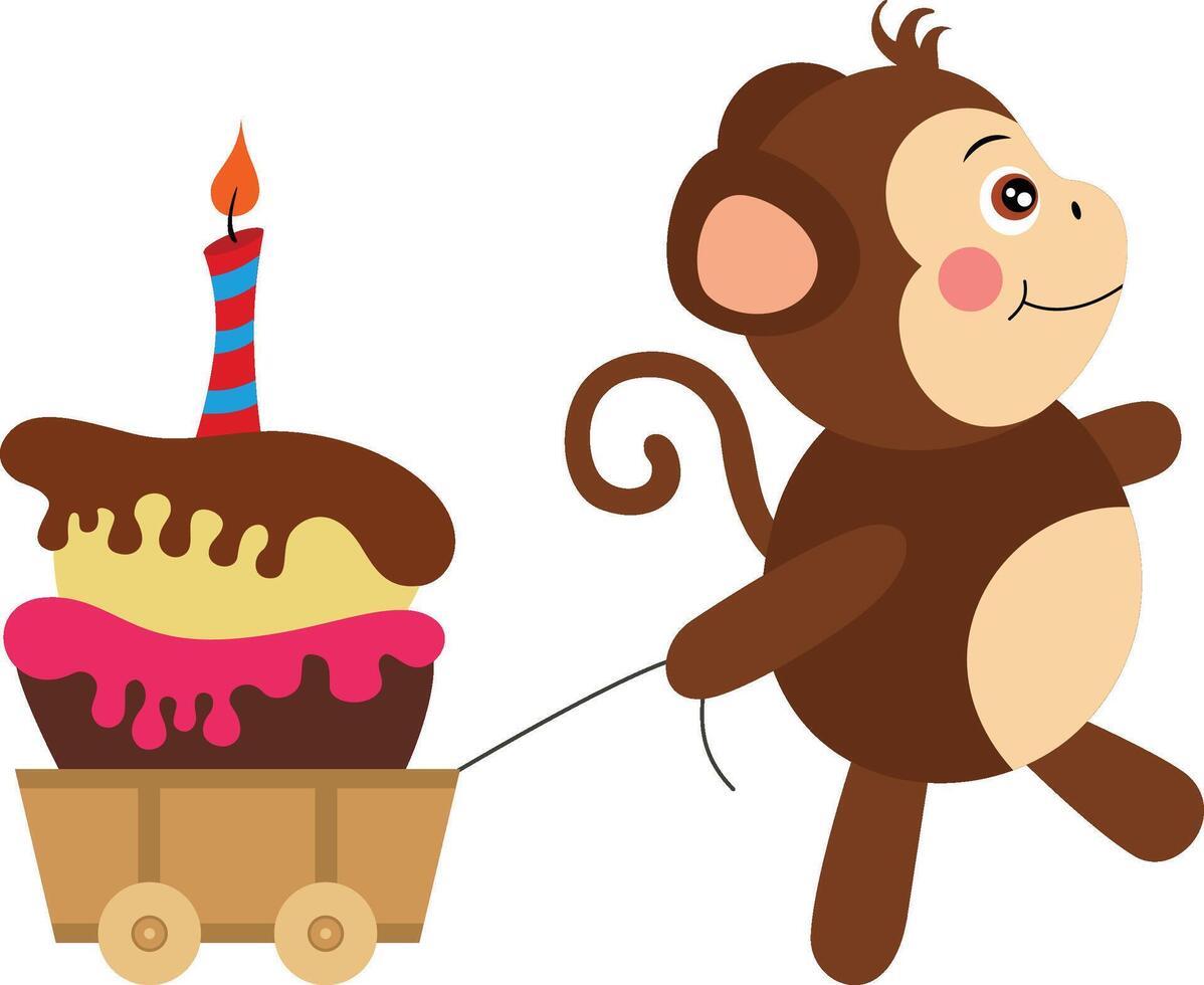 fofa macaco puxar pequeno de madeira carrinho com aniversário bolo vetor