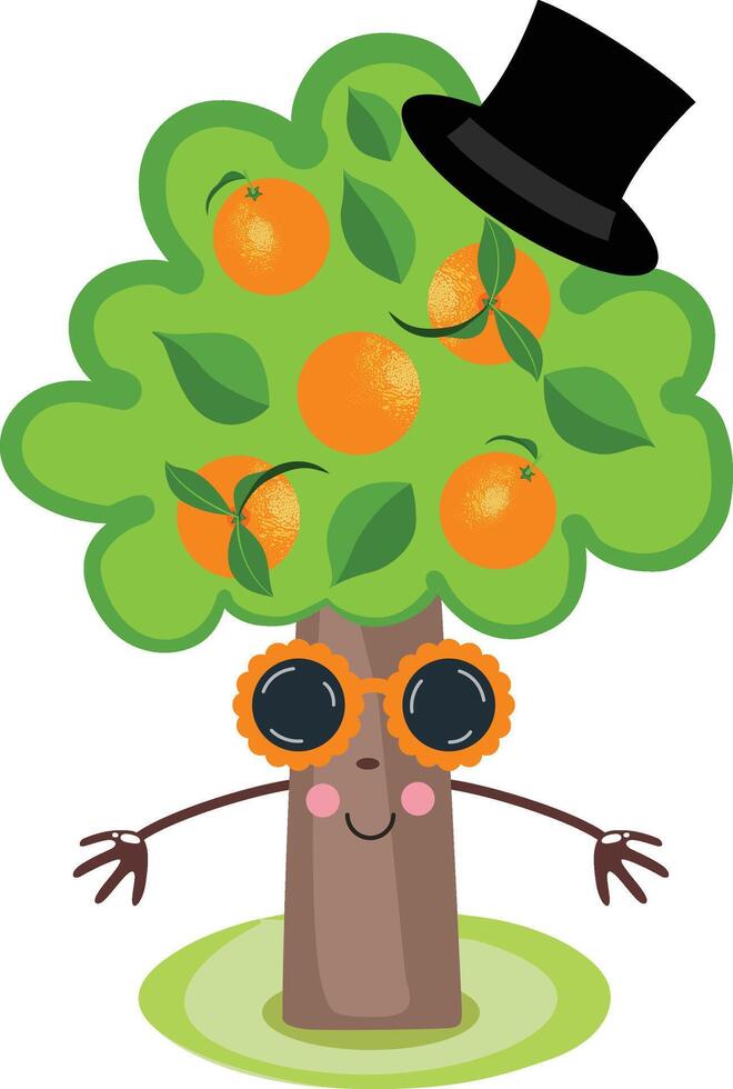 engraçado laranja árvore quadrinho com Preto chapéu e oculos de sol vetor