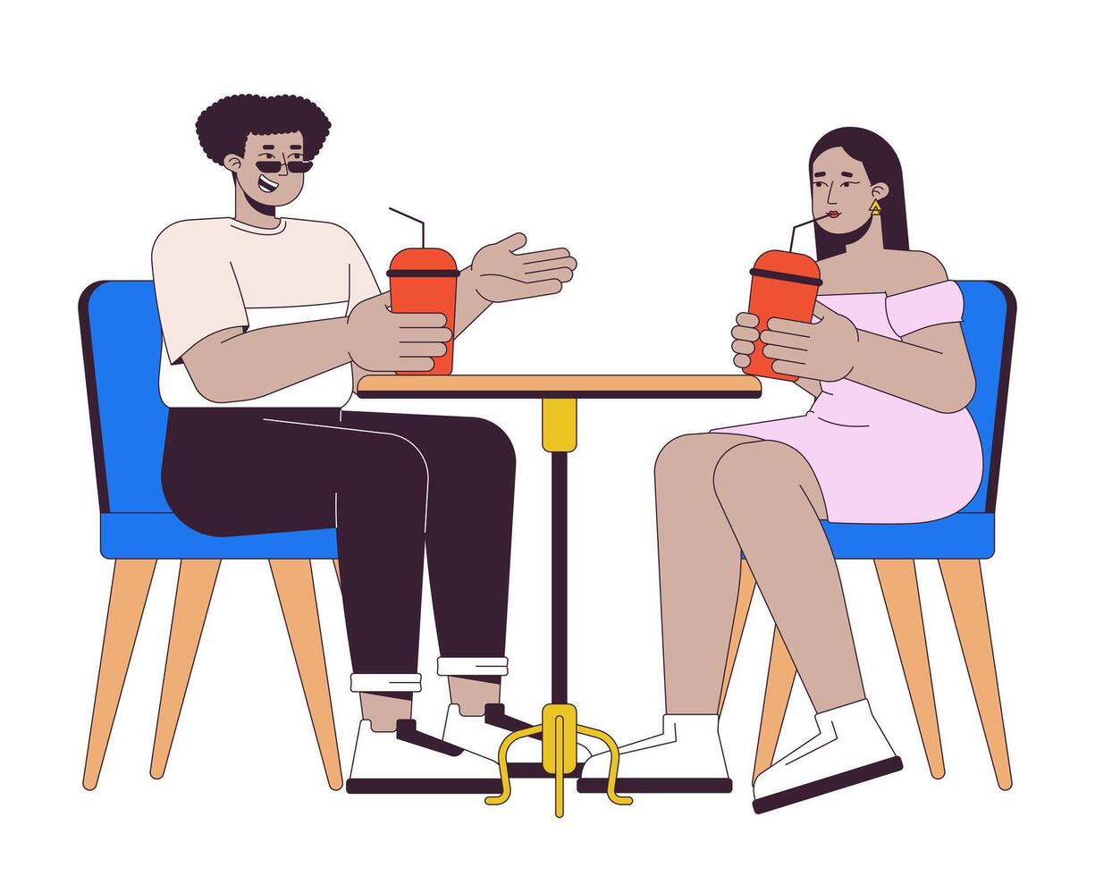 roliço amigos em repouso dentro cafeteria 2d linear desenho animado personagens. mais tamanho casal passeio isolado linha pessoas branco fundo. diversidade e corpo positivo cor plano local ilustração vetor