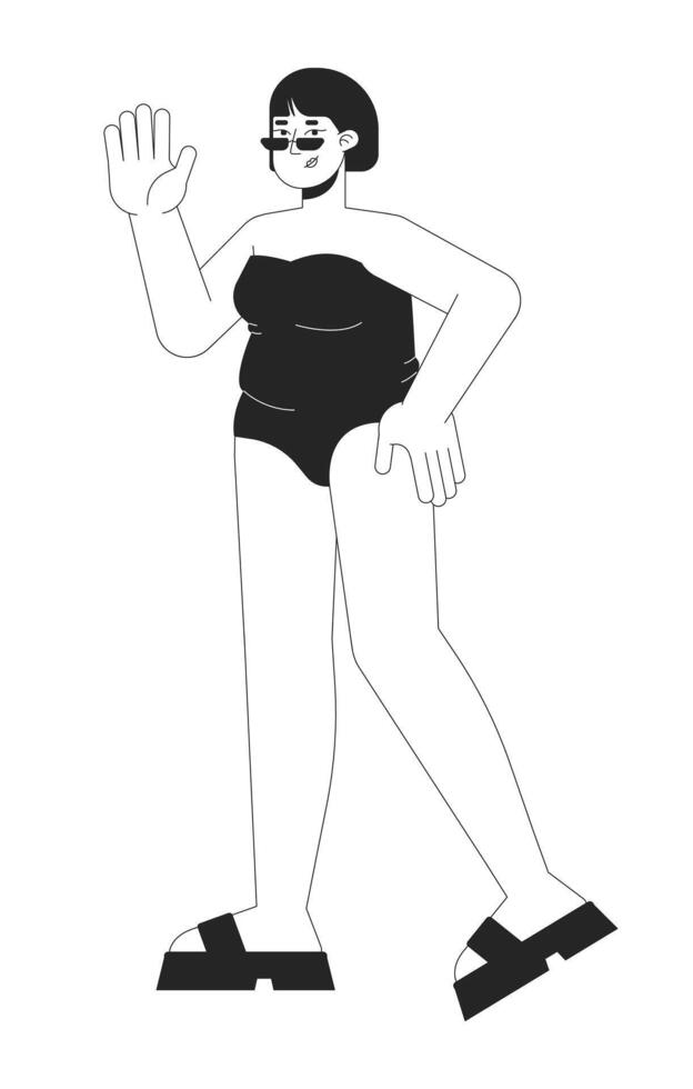 feliz cheio de curvas mulher dentro roupa de banho Preto e branco 2d linha desenho animado personagem. mais tamanho fêmea pronto para de praia estação isolado esboço pessoa. excesso de peso monocromático plano local ilustração vetor