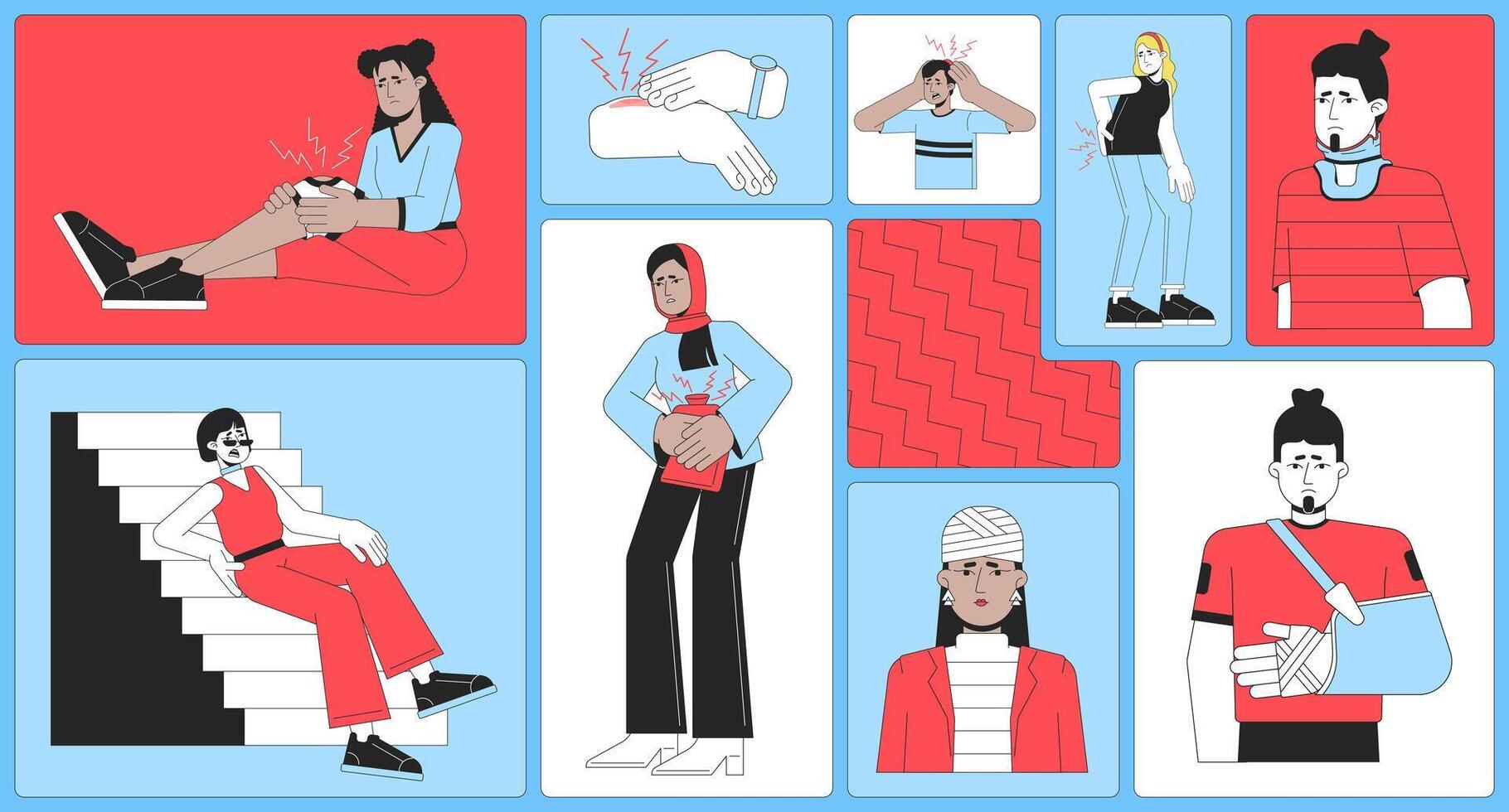 diverso pessoas com lesões bento rede ilustração definir. acidentes e tratamentos 2d imagem colagem Projeto gráficos coleção. doloroso sentindo-me adultos plano personagens moodboard disposição vetor