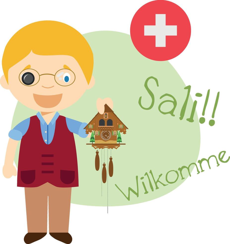 ilustração do desenho animado personagem dizendo Olá e bem-vinda dentro alemão a partir de Suíça vetor
