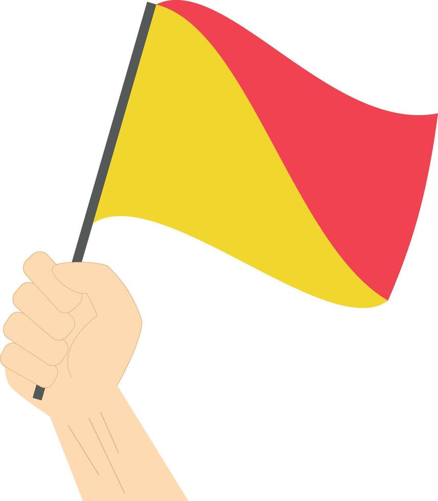 mão segurando e Aumentar a marítimo bandeira para representar a carta o ilustração vetor