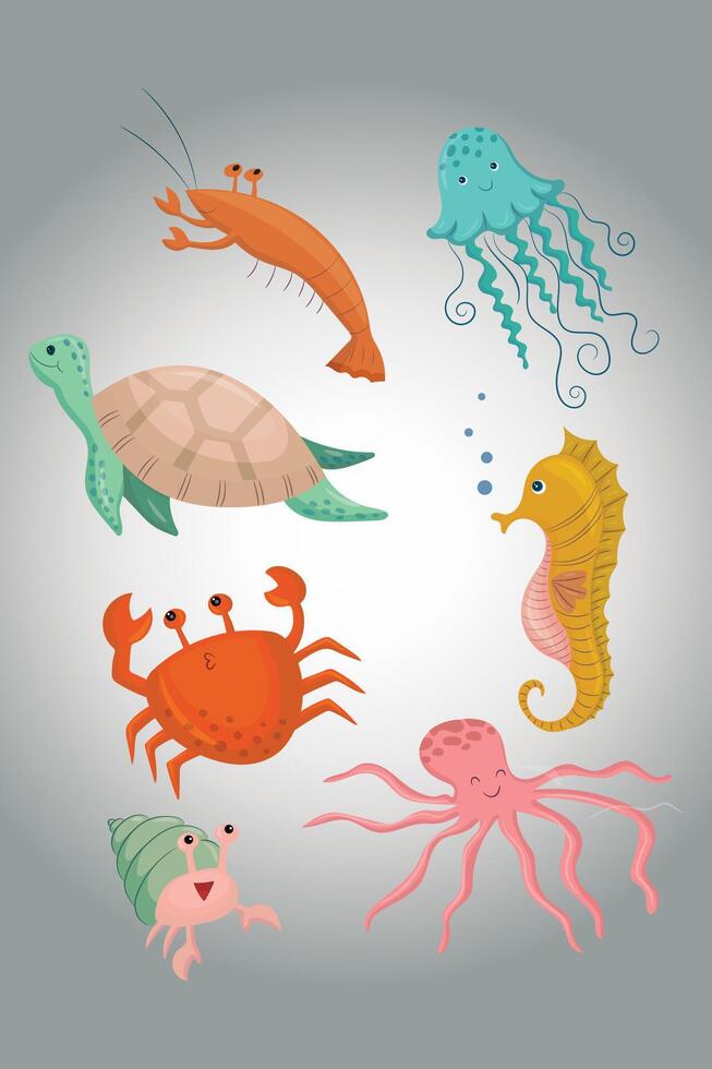 fofa mar animais com mar criaturas para meninas e Rapazes verão bebê chuveiro e aniversário festa Projeto. medusa, caranguejos, camarão, tartarugas, polvo, cavalos-marinhos, mar caramujos. vetor
