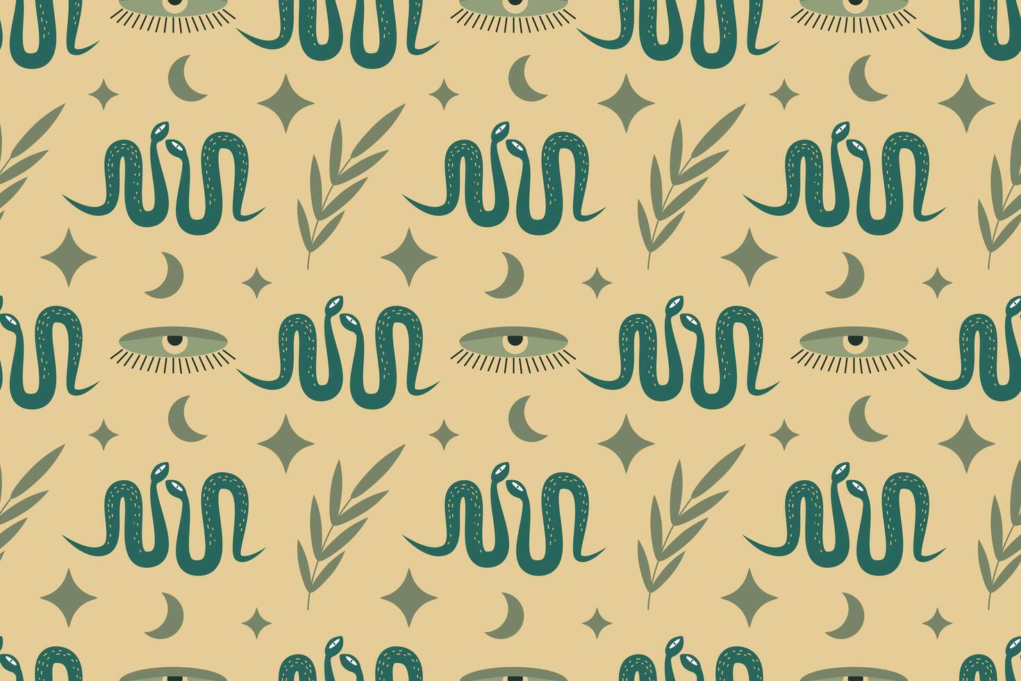 serpente desatado padronizar com plantas, estrelas e esotérico símbolo. para embalagem, têxteis, caso, cobrir, papel, papel de parede vetor