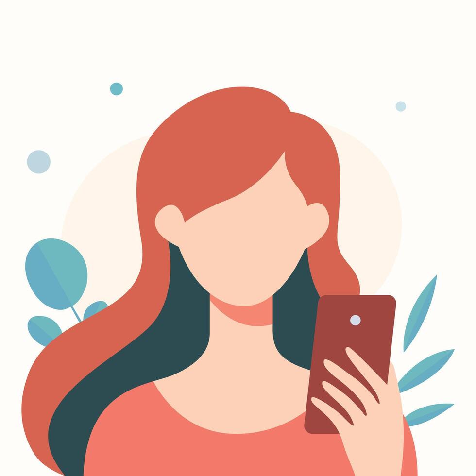 plano ilustração do mulher usando Smartphone. isolado em floral fundo. vetor