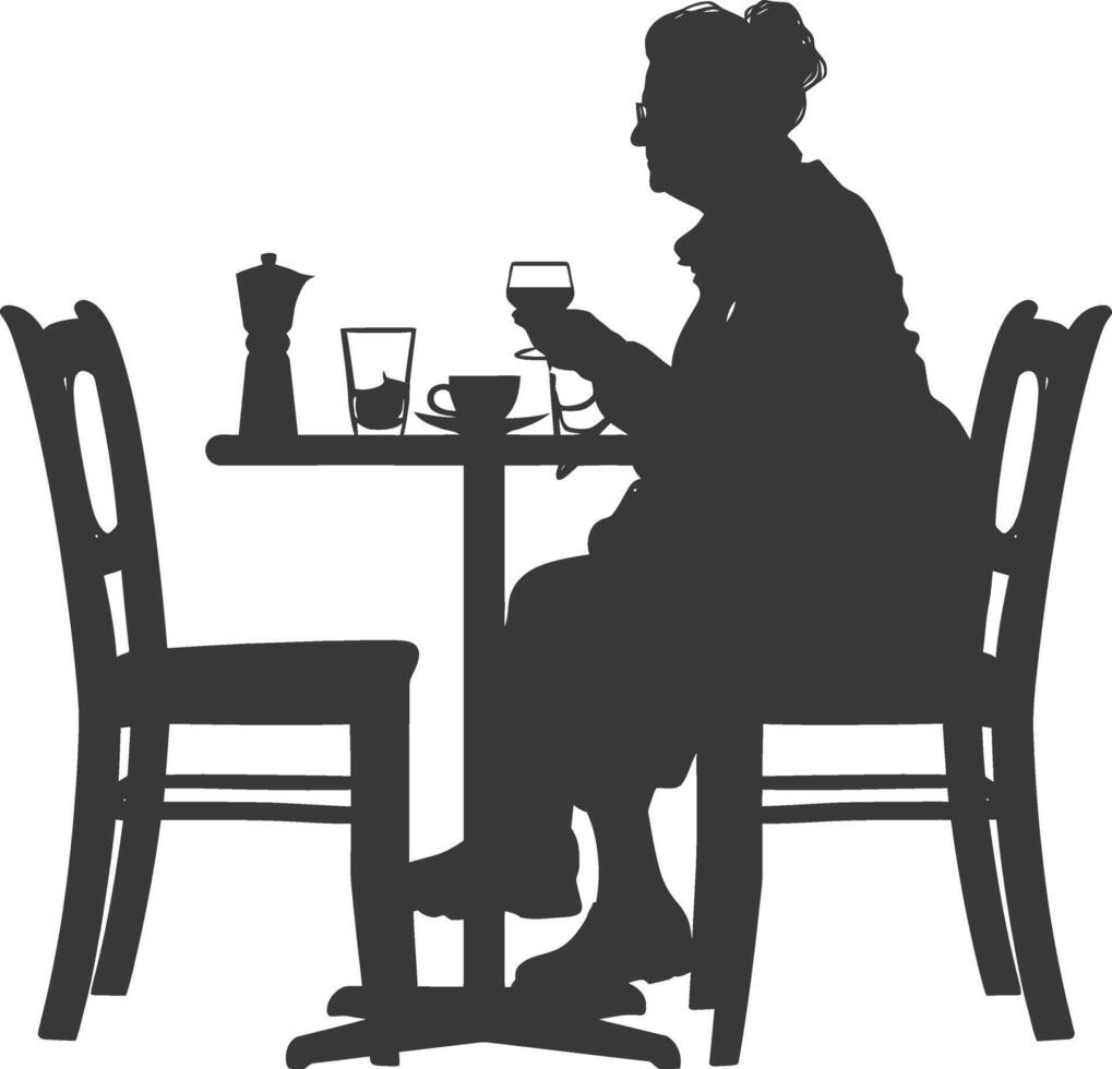 silhueta idosos mulher sentado às uma mesa dentro a cafeteria vetor