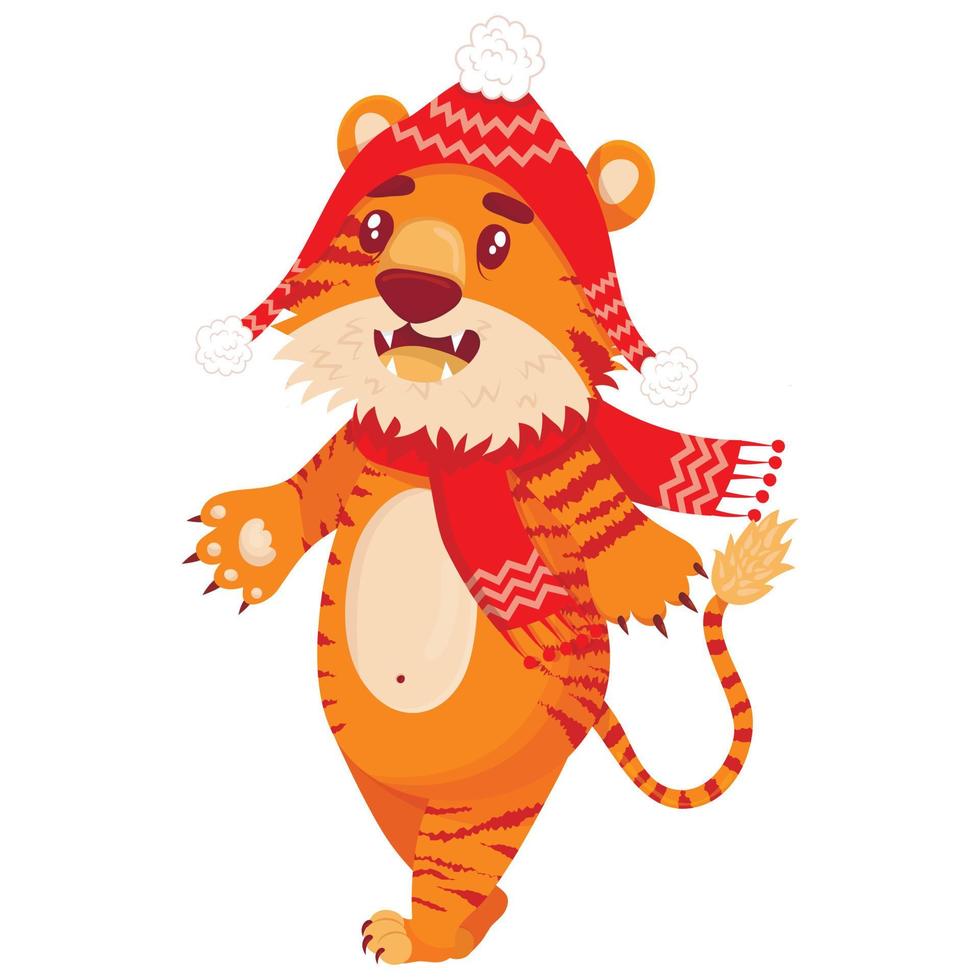 bonito dos desenhos animados listrado tigre vermelho. um tigre com um chapéu de Natal e um lenço está caminhando. impressão de t-shirts, cartões, cartazes para crianças. mão desenhada ilustração estoque vetor isolada no branco.
