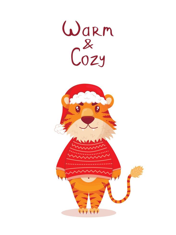 cartão com a inscrição feliz ano novo 2022 com um fofo tigre chinês, o símbolo do ano novo. estilo simples. tigre com chapéu de Papai Noel e um suéter vermelho se alegra e sorri vetor