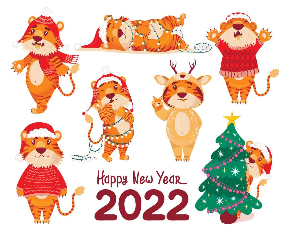 tigre fofo. tigres chineses coloridos, símbolo do ano novo de 2022, conjunto de desenhos animados plana de vetor. animal 2022, predador asiático, besta da selva. chapéu de papai noel, árvore de natal, guirlanda, dorme, alegra-se, feliz ano novo vetor