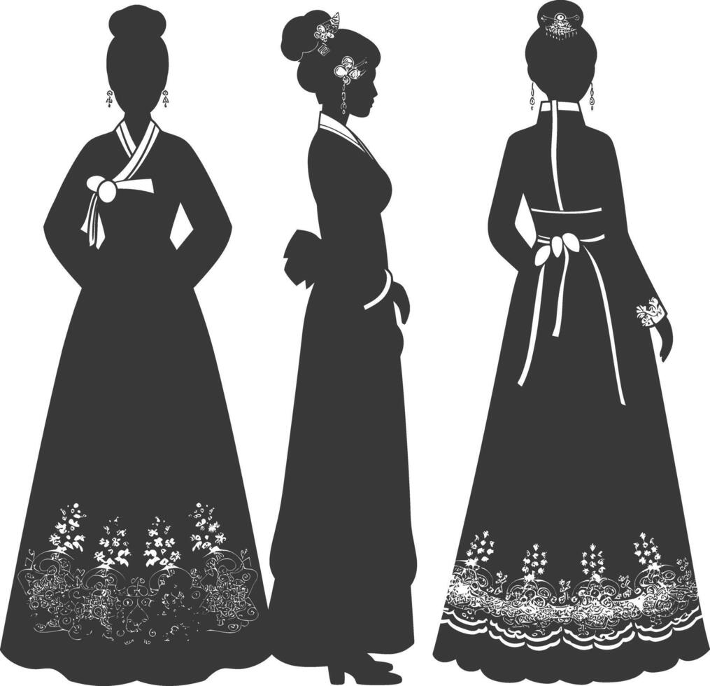 silhueta independente coreano mulheres vestindo hanbok Preto cor só vetor