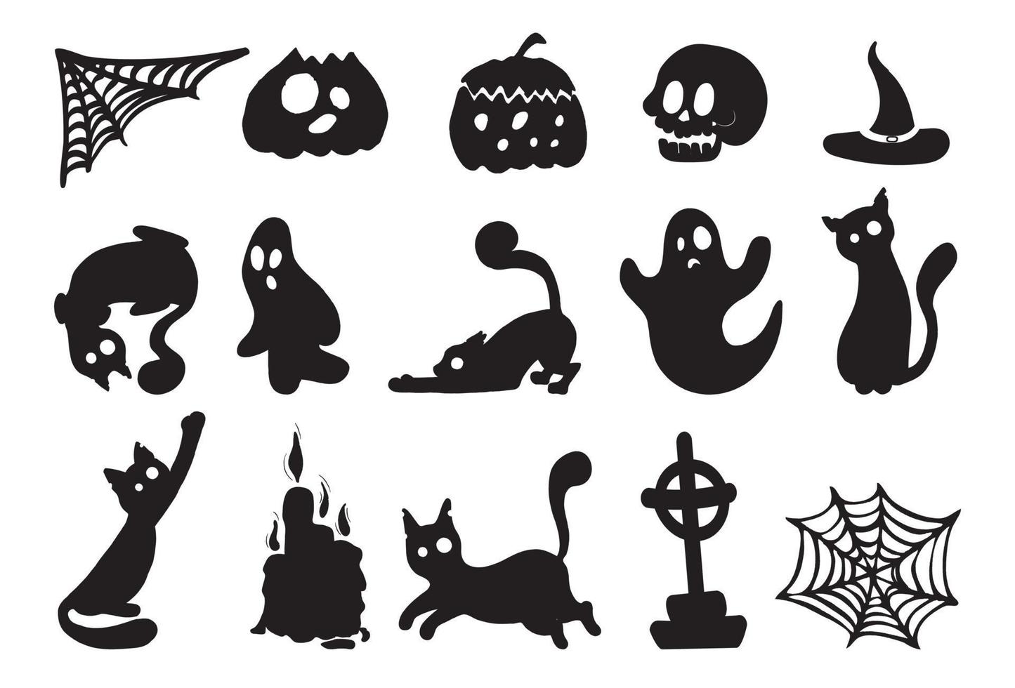 conjunto de silhuetas negras de halloween em um fundo branco. ilustração vetorial com atributos do feriado. para decoração festiva, estampas, embalagens, cartões postais, design de vários vetor