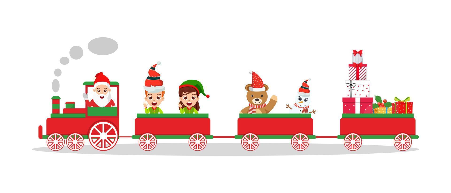 fofo lindo papai noel personagem e criança menino e menina personagem boneco de neve urso marrom vestindo roupa de natal e no trem de natal com caixas de presente vetor