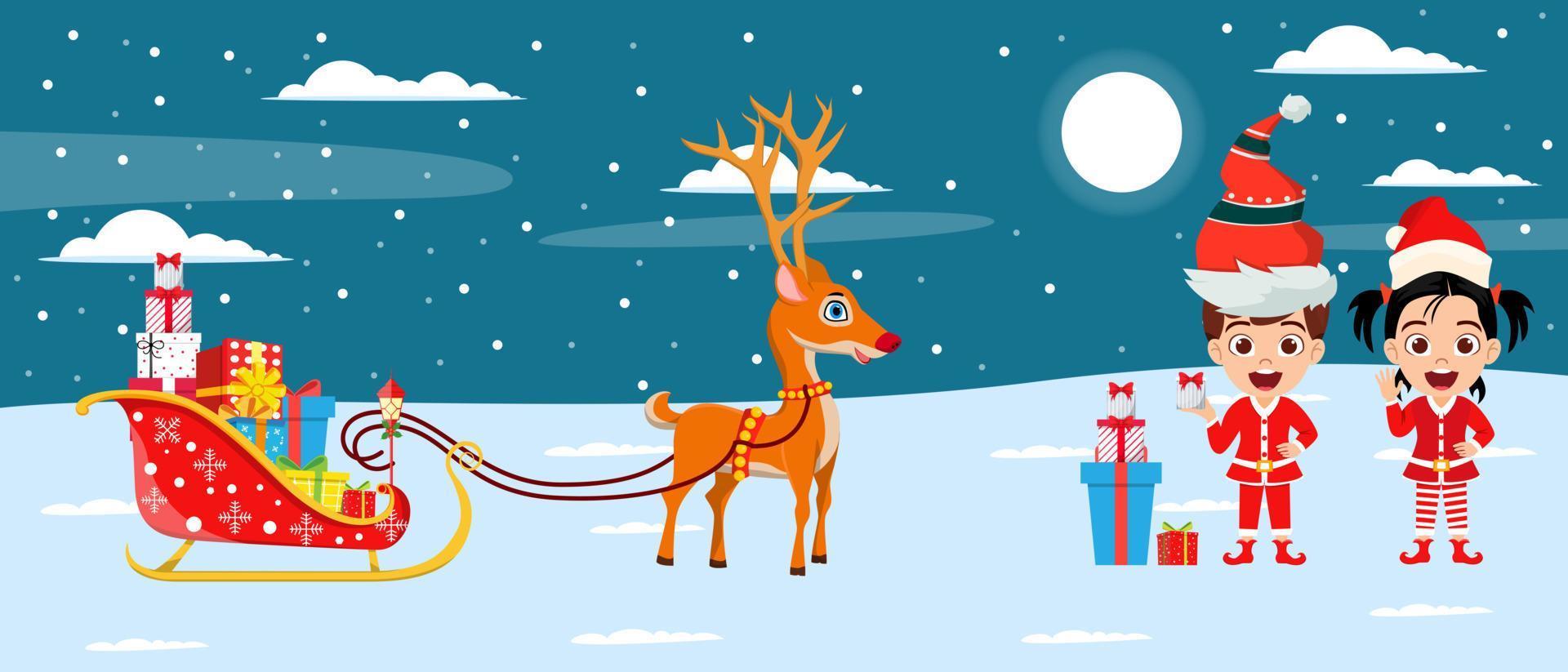 lindo trenó de papai noel em pé com renas no campo de neve à noite, neve caindo com caixas de presente e crianças vestindo roupas de natal vetor