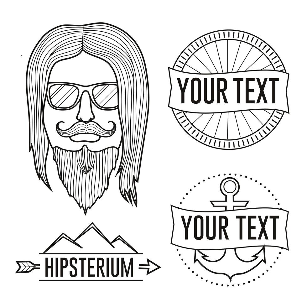 homem hipster linear com óculos escuros e emblemas de logotipos vetor