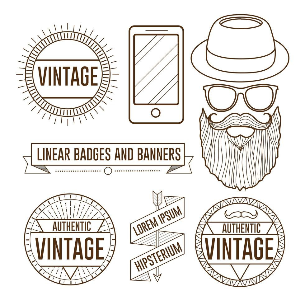 hipster linear com homem barbudo e elementos gráficos vetor