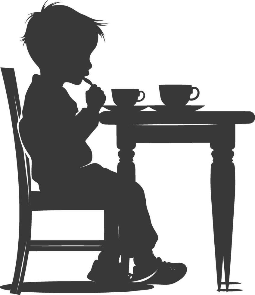 silhueta pequeno Garoto sentado às uma mesa dentro a cafeteria Preto cor só vetor