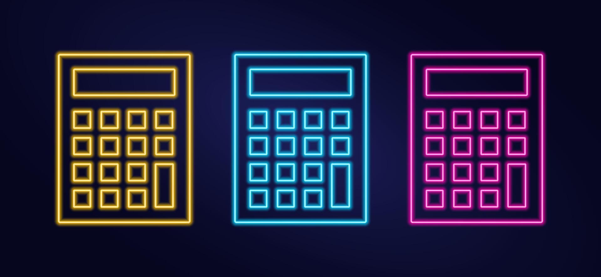 conjunto do néon calculadora ícones em Sombrio fundo. iluminado contando símbolo. luminescente contando dispositivo. finança. escola sujeito do matemática. cor imagem - amarelo, rosa, azul. ilustração vetor