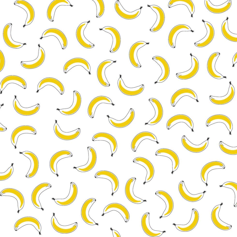 contorno padronizar bananas com uma amarelo derrubar. caoticamente espalhados linear fruta impressão em uma branco fundo. saudável maduro tropical Comida. verão. cor imagem. rabisco estilo. ilustração vetor