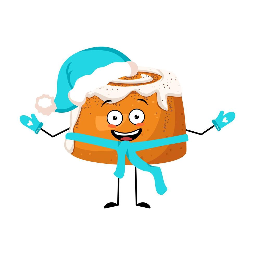 personagem de pão doce de canela fofo com emoções alegres, rosto feliz, sorriso, olhos, braços e pernas em chapéu de Papai Noel com lenço e luvas. ilustração em vetor plana