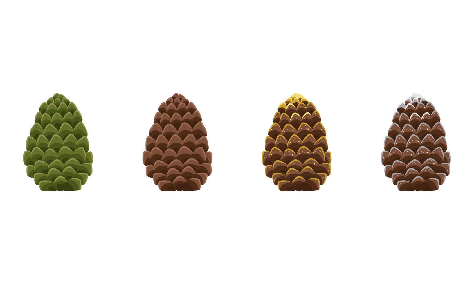 conjunto de cones castanhos e verdes de pinheiro conífero, abeto ou cedro em lantejoulas douradas, com pintura prateada. decoração festiva de ano novo, natal e design. ilustração em vetor plana