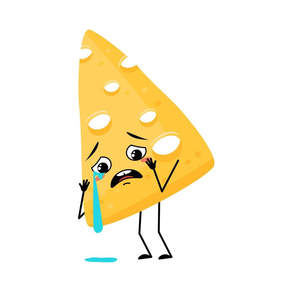 personagem de queijo fofo com emoção de choro e lágrimas, rosto triste, olhos depressivos, braços e pernas. refeição láctea melancólica ou lanche. ilustração em vetor plana