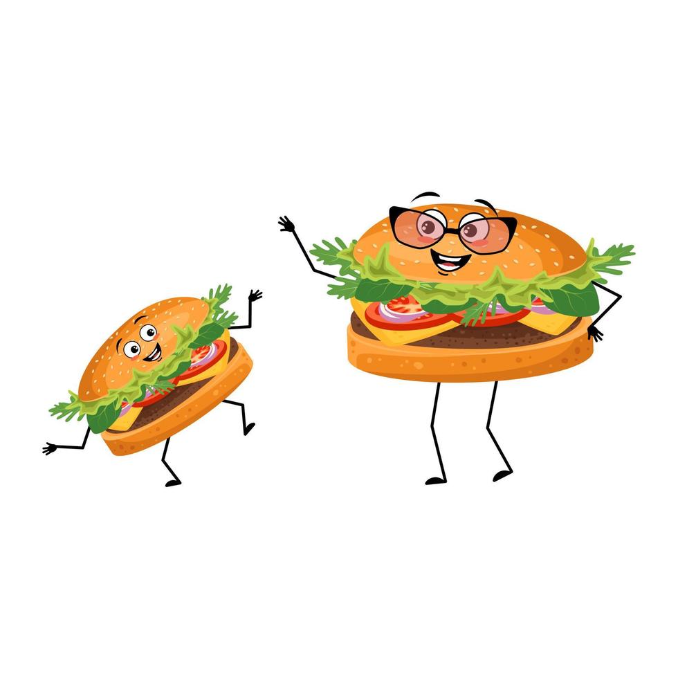 hambúrguer de personagem fofo com emoções felizes, rosto, sorriso, olhos, braços e pernas. alegre fast food, avó com óculos e neto. ilustração em vetor plana de produtos e refeições de carne