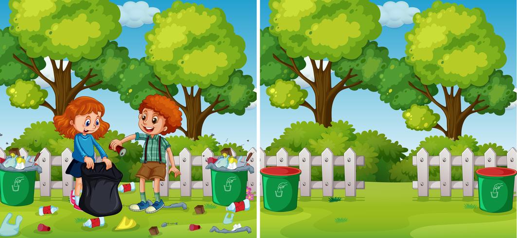 Antes e depois do Kids Cleaning Park vetor